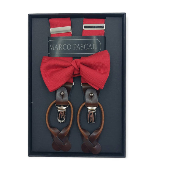 Set : Silk suspenders in red colour with matching bow tie.
