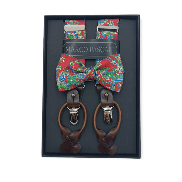 Set : Silk suspenders red colour background with multicoloured flowers in green and blue tones with matching bow tie.