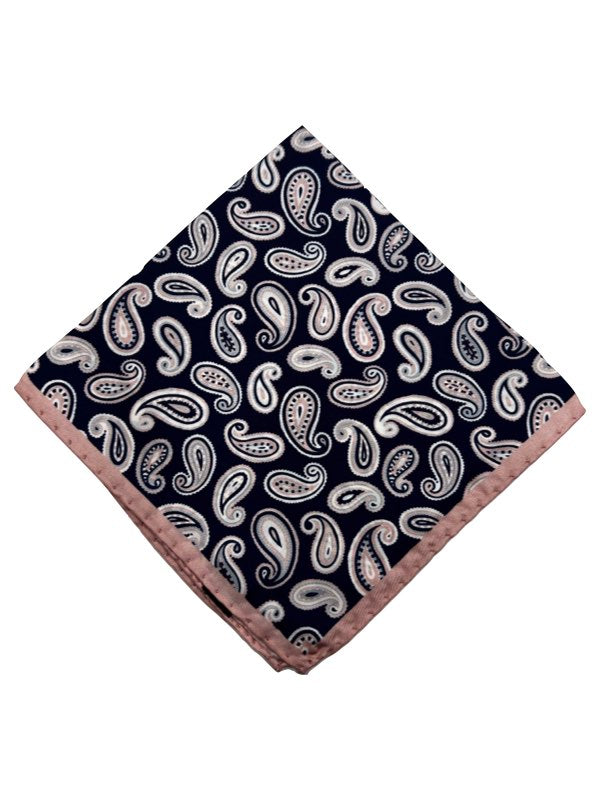 Classic Navy Paisley Pocket Square with Pink Border