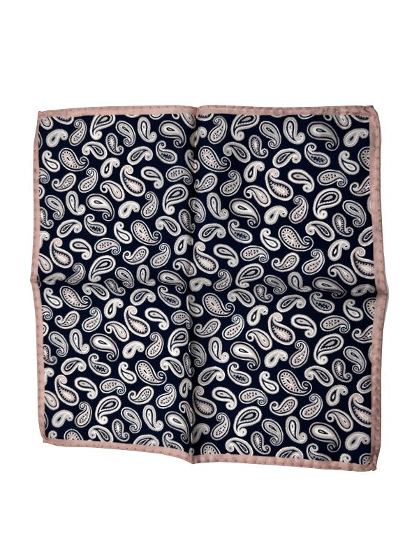 Classic Navy Paisley Pocket Square with Pink Border