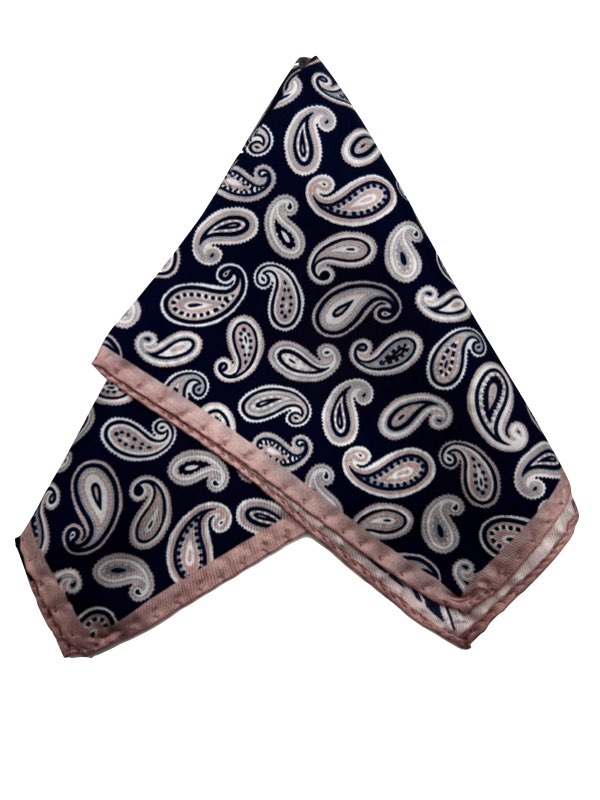 Classic Navy Paisley Pocket Square with Pink Border