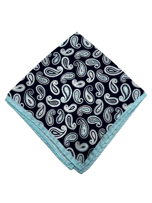 Classic Navy Paisley Pocket Square with Sky Blue Border