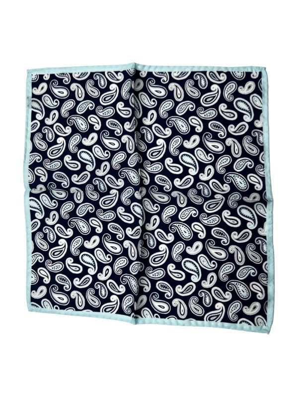 Classic Navy Paisley Pocket Square with Sky Blue Border