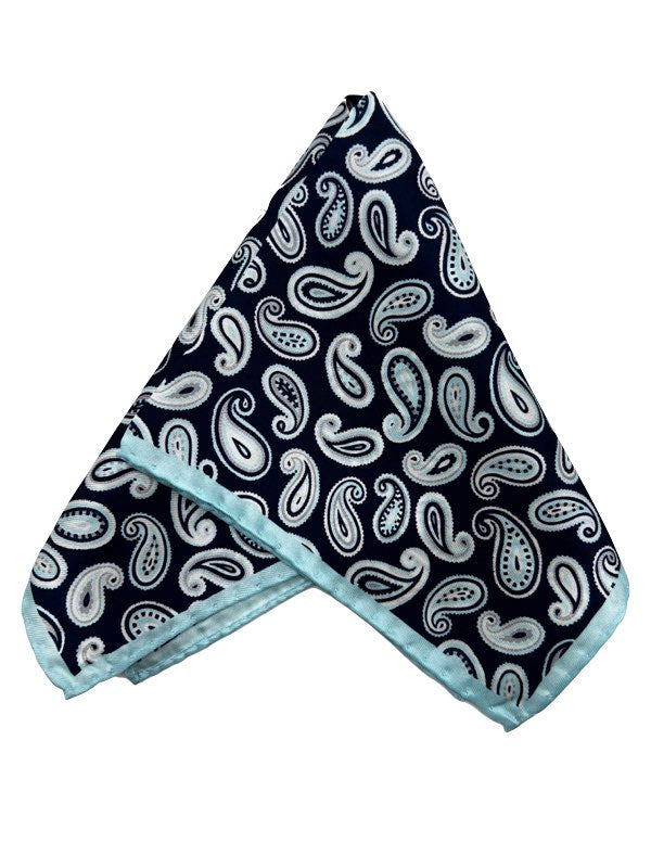 Classic Navy Paisley Pocket Square with Sky Blue Border