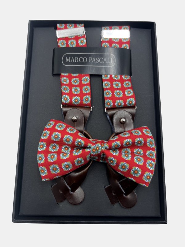 Regal Red Patterned Medallions Matching Set of Bowtie & Braces