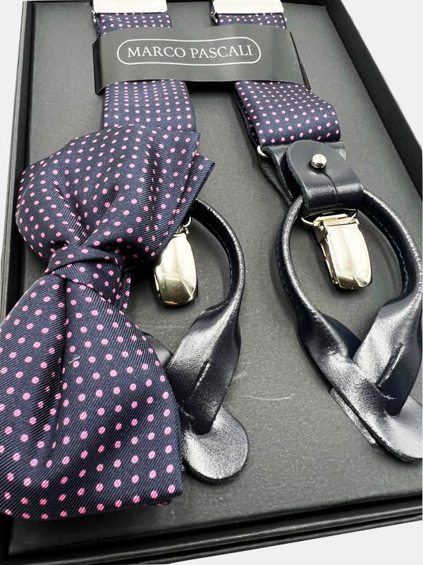 Pink Dots in Navy Matching set of Bowtie & Braces