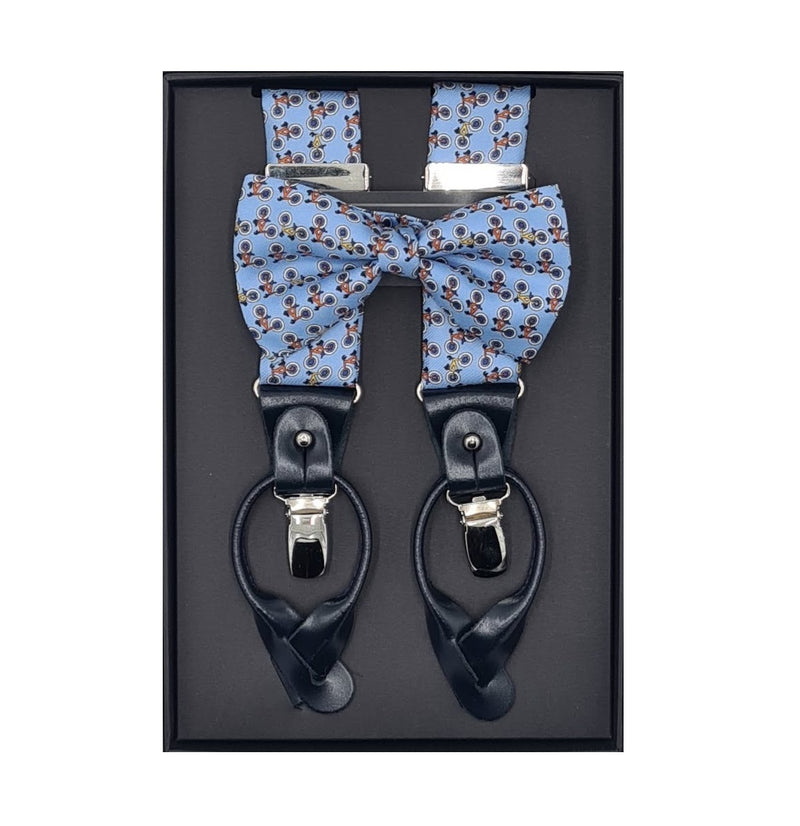 Set : Silk suspenders printed with bicycle pattern in blue tones with matching bow tie.