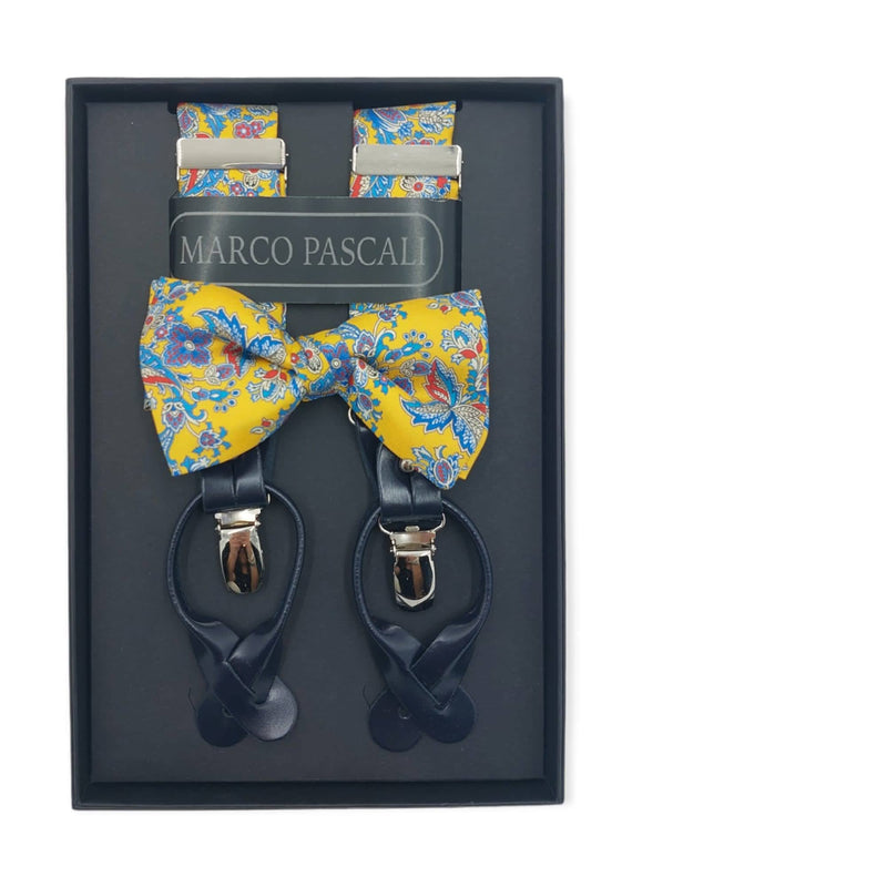 Set : Silk suspenders in mustard background and multicolors flowers in red and blue tones with matching bow tie.. Finished with black leather and with matching bow tie.