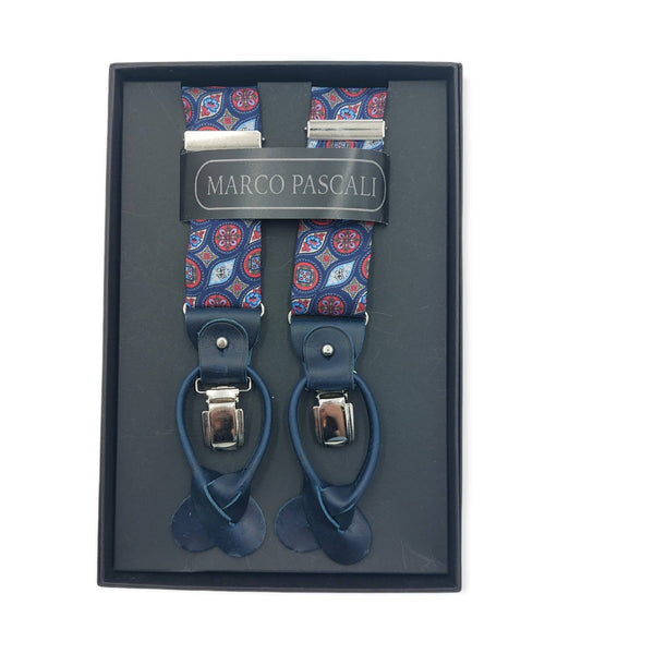 Geometric Pattern Silk Suspenders with blue background. Leather finished in color navy.