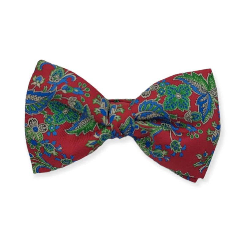 Set : Silk suspenders red colour background with multicoloured flowers in green and blue tones with matching bow tie.