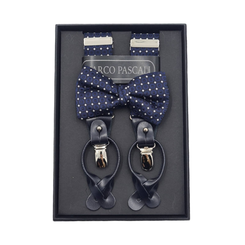 Set : Silk suspenders navy colour background printed with white rhombus pattern and blue with matching bow tie.