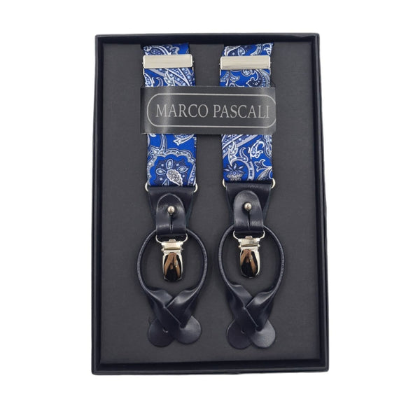 Set : Silk suspenders royal blue colour background with flowers in white and blues tones with matching bow tie.