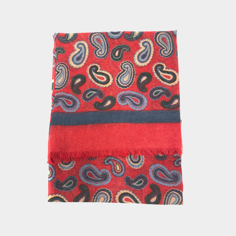 Hand Printed Red Scarf with Colored Paisleys