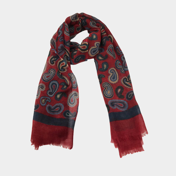 Hand Printed Red Scarf with Colored Paisleys